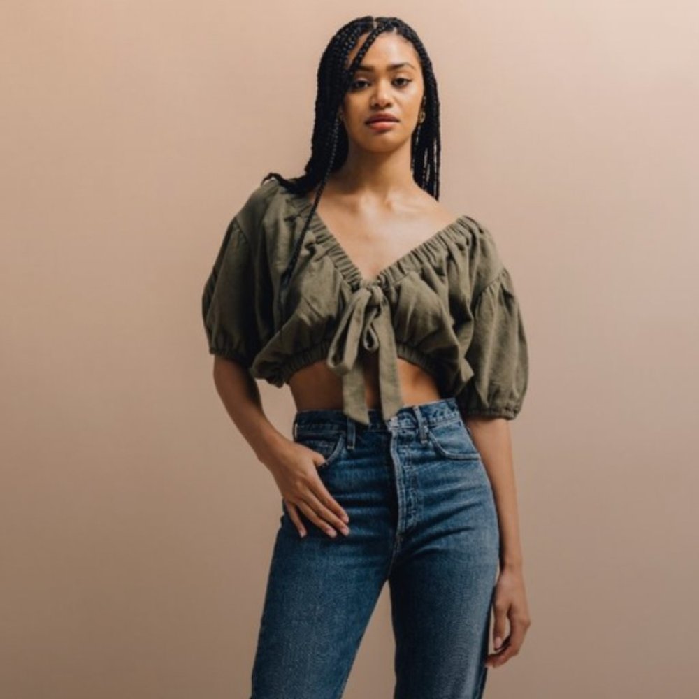 (Ships Free, NWT!) Butterfly Puff Sleeve Olive Green Top